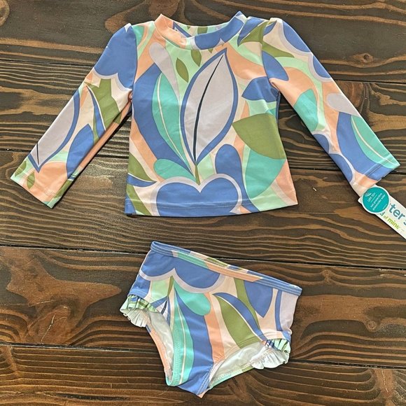 NEW 2T Girls Floral Rashguard Swimsuit Set - Picture 1 of 5